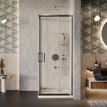 HD Elio 90x100 szögletes két tolóajtós zuhanykabin fehér slim zuhanytálcával és króm szifonnal, krómozott elemekkel, 190 cm magas