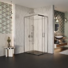 HD Elio 100x90 aszimmetrikus szögletes két tolóajtós zuhanykabin 6 mm vastag vízlepergető biztonsági üveggel, krómozott elemekkel, 190 cm magas