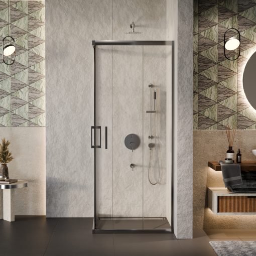 HD Elio 100x90 aszimmetrikus szögletes két tolóajtós zuhanykabin 6 mm vastag vízlepergető biztonsági üveggel, krómozott elemekkel, 190 cm magas