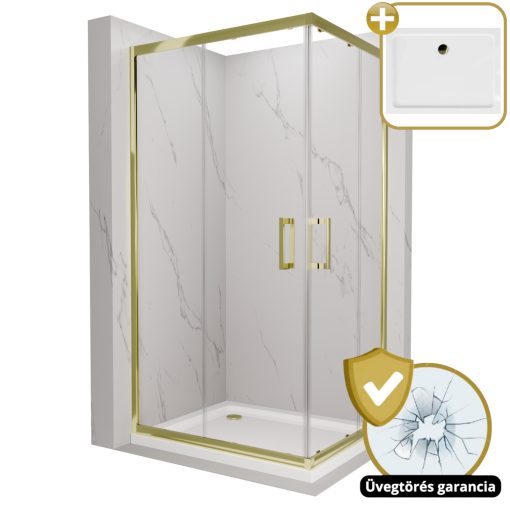HD Elio Gold 90x100 szögletes két tolóajtós zuhanykabin fehér slim zuhanytálcával és arany szifonnal, arany elemekkel, 190 cm magas