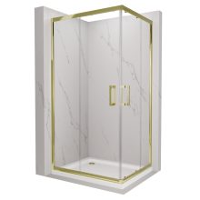 HD Elio Gold 90x100 szögletes két tolóajtós zuhanykabin fehér slim zuhanytálcával és arany szifonnal, arany elemekkel, 190 cm magas