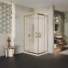 HD Elio Gold 90x100 szögletes két tolóajtós zuhanykabin fehér slim zuhanytálcával és arany szifonnal, arany elemekkel, 190 cm magas