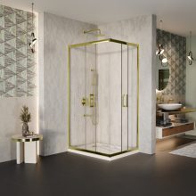 HD Elio Gold 90x100 szögletes két tolóajtós zuhanykabin fehér slim zuhanytálcával és arany szifonnal, arany elemekkel, 190 cm magas