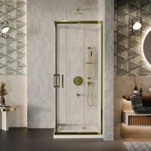 HD Elio Gold 90x100 szögletes két tolóajtós zuhanykabin fehér slim zuhanytálcával és arany szifonnal, arany elemekkel, 190 cm magas