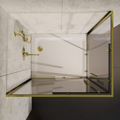 HD Elio Gold 90x100 szögletes két tolóajtós zuhanykabin fehér slim zuhanytálcával és arany szifonnal, arany elemekkel, 190 cm magas