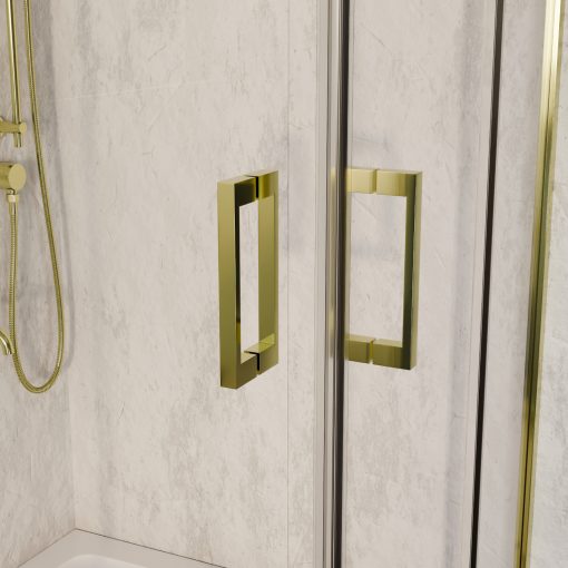 HD Elio Gold 90x100 szögletes két tolóajtós zuhanykabin fehér slim zuhanytálcával és arany szifonnal, arany elemekkel, 190 cm magas