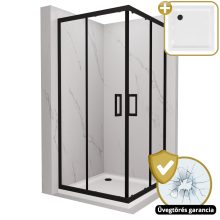 HD Elio Black 100x100 szögletes két tolóajtós zuhanykabin fehér slim zuhanytálcával és fekete szifonnal, fekete elemekkel, 190 cm magas