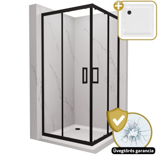 HD Elio Black 100x100 szögletes két tolóajtós zuhanykabin fehér slim zuhanytálcával és fekete szifonnal, fekete elemekkel, 190 cm magas