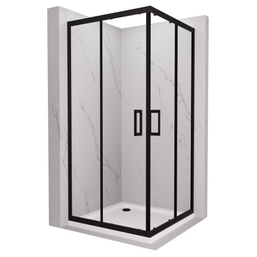 HD Elio Black 100x100 szögletes két tolóajtós zuhanykabin fehér slim zuhanytálcával és fekete szifonnal, fekete elemekkel, 190 cm magas