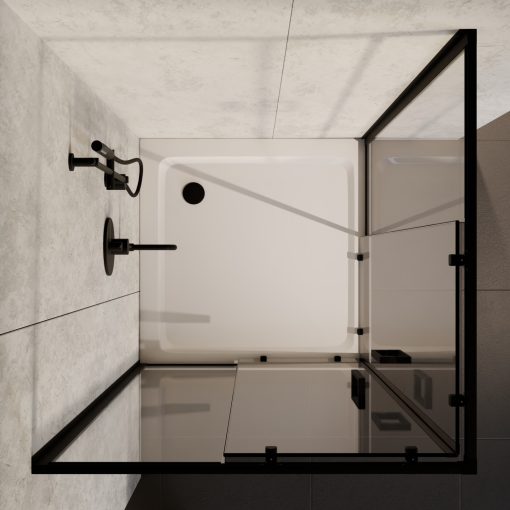 HD Elio Black 100x100 szögletes két tolóajtós zuhanykabin fehér slim zuhanytálcával és fekete szifonnal, fekete elemekkel, 190 cm magas