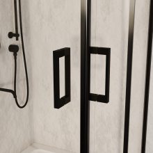 HD Elio Black 100x100 szögletes két tolóajtós zuhanykabin fehér slim zuhanytálcával és fekete szifonnal, fekete elemekkel, 190 cm magas