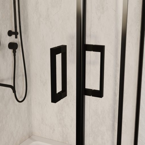 HD Elio Black 100x100 szögletes két tolóajtós zuhanykabin fehér slim zuhanytálcával és fekete szifonnal, fekete elemekkel, 190 cm magas