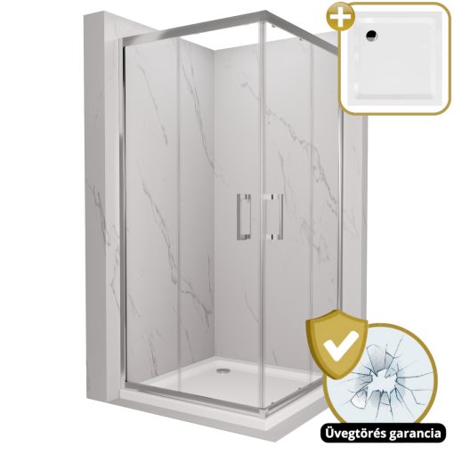 HD Elio 100x100 szögletes két tolóajtós zuhanykabin fehér slim zuhanytálcával és króm szifonnal, krómozott elemekkel, 190 cm magas