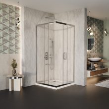 HD Elio 100x100 szögletes két tolóajtós zuhanykabin fehér slim zuhanytálcával és króm szifonnal, krómozott elemekkel, 190 cm magas