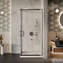 HD Elio 100x100 szögletes két tolóajtós zuhanykabin fehér slim zuhanytálcával és króm szifonnal, krómozott elemekkel, 190 cm magas