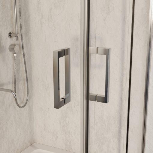 HD Elio 100x100 szögletes két tolóajtós zuhanykabin fehér slim zuhanytálcával és króm szifonnal, krómozott elemekkel, 190 cm magas