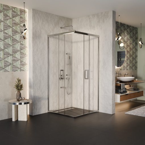 HD Elio 100x100 szögletes két tolóajtós zuhanykabin 6 mm vastag vízlepergető biztonsági üveggel, krómozott elemekkel, 190 cm magas