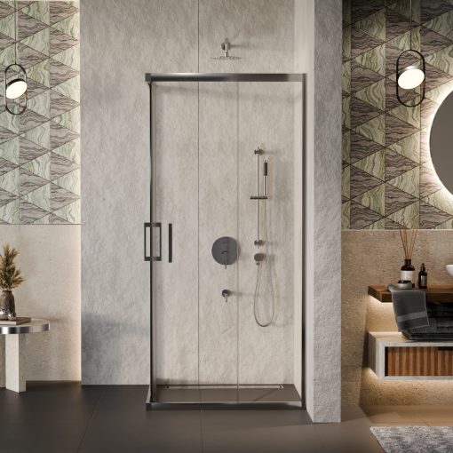 HD Elio 100x100 szögletes két tolóajtós zuhanykabin 6 mm vastag vízlepergető biztonsági üveggel, krómozott elemekkel, 190 cm magas