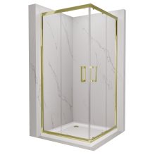 HD Elio Gold 80x80 szögletes két tolóajtós zuhanykabin fehér slim zuhanytálcával és arany szifonnal, arany elemekkel, 190 cm magas