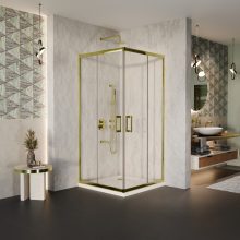 HD Elio Gold 80x80 szögletes két tolóajtós zuhanykabin fehér slim zuhanytálcával és arany szifonnal, arany elemekkel, 190 cm magas