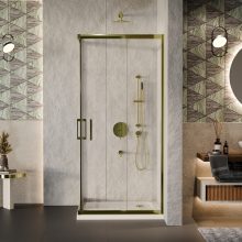 HD Elio Gold 80x80 szögletes két tolóajtós zuhanykabin fehér slim zuhanytálcával és arany szifonnal, arany elemekkel, 190 cm magas