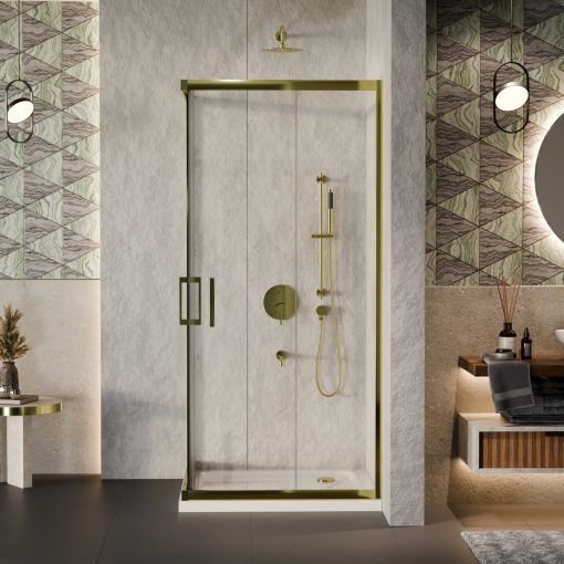 HD Elio Gold 80x80 szögletes két tolóajtós zuhanykabin fehér slim zuhanytálcával és arany szifonnal, arany elemekkel, 190 cm magas