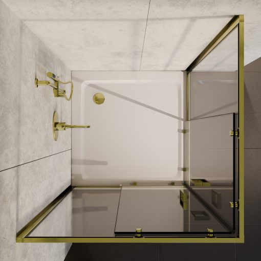 HD Elio Gold 80x80 szögletes két tolóajtós zuhanykabin fehér slim zuhanytálcával és arany szifonnal, arany elemekkel, 190 cm magas