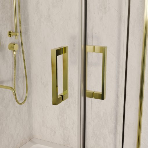 HD Elio Gold 80x80 szögletes két tolóajtós zuhanykabin fehér slim zuhanytálcával és arany szifonnal, arany elemekkel, 190 cm magas