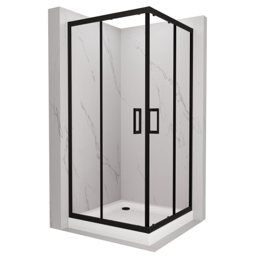 HD Elio Black 80x80 szögletes két tolóajtós zuhanykabin fehér magas zuhanytálcával és fekete szifonnal, fekete elemekkel, 190 cm magas