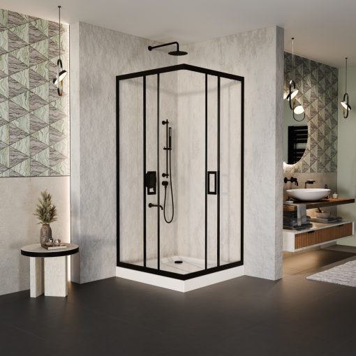 HD Elio Black 80x80 szögletes két tolóajtós zuhanykabin fehér magas zuhanytálcával és fekete szifonnal, fekete elemekkel, 190 cm magas