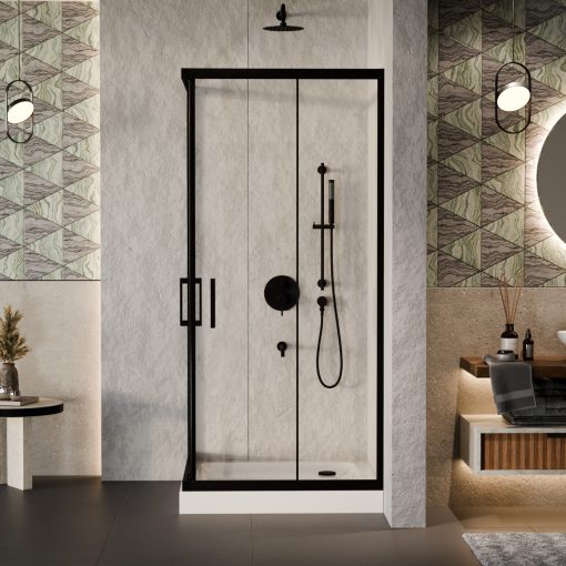 HD Elio Black 80x80 szögletes két tolóajtós zuhanykabin fehér magas zuhanytálcával és fekete szifonnal, fekete elemekkel, 190 cm magas