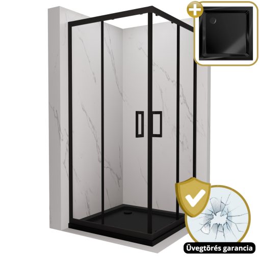 HD Elio Black 80x80 szögletes két tolóajtós zuhanykabin fekete slim zuhanytálcával és fekete szifonnal, fekete elemekkel, 190 cm magas