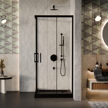 HD Elio Black 80x80 szögletes két tolóajtós zuhanykabin fekete slim zuhanytálcával és fekete szifonnal, fekete elemekkel, 190 cm magas