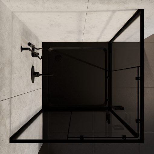 HD Elio Black 80x80 szögletes két tolóajtós zuhanykabin fekete slim zuhanytálcával és fekete szifonnal, fekete elemekkel, 190 cm magas