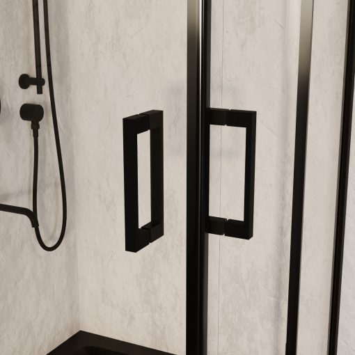 HD Elio Black 80x80 szögletes két tolóajtós zuhanykabin fekete slim zuhanytálcával és fekete szifonnal, fekete elemekkel, 190 cm magas