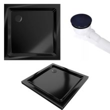 HD Elio Black 80x80 szögletes két tolóajtós zuhanykabin fekete slim zuhanytálcával és fekete szifonnal, fekete elemekkel, 190 cm magas