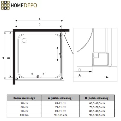 HD Elio Black 80x80 szögletes két tolóajtós zuhanykabin fekete slim zuhanytálcával és fekete szifonnal, fekete elemekkel, 190 cm magas