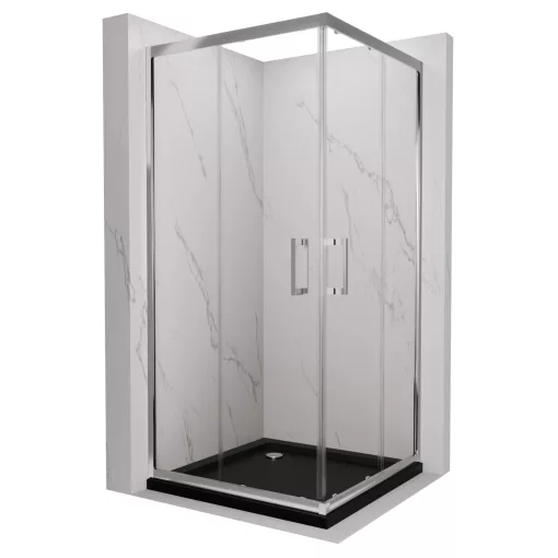 HD Elio 80x80 szögletes két tolóajtós zuhanykabin fekete slim zuhanytálcával és króm szifonnal, krómozott elemekkel, 190 cm magas