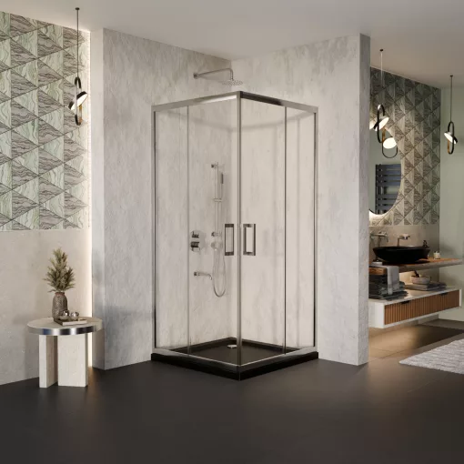 HD Elio 80x80 szögletes két tolóajtós zuhanykabin fekete slim zuhanytálcával és króm szifonnal, krómozott elemekkel, 190 cm magas