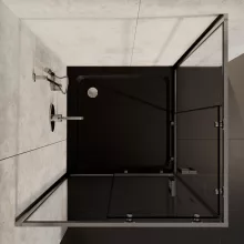 HD Elio 80x80 szögletes két tolóajtós zuhanykabin fekete slim zuhanytálcával és króm szifonnal, krómozott elemekkel, 190 cm magas