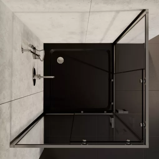 HD Elio 80x80 szögletes két tolóajtós zuhanykabin fekete slim zuhanytálcával és króm szifonnal, krómozott elemekkel, 190 cm magas