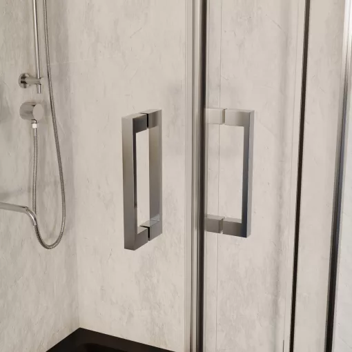 HD Elio 80x80 szögletes két tolóajtós zuhanykabin fekete slim zuhanytálcával és króm szifonnal, krómozott elemekkel, 190 cm magas