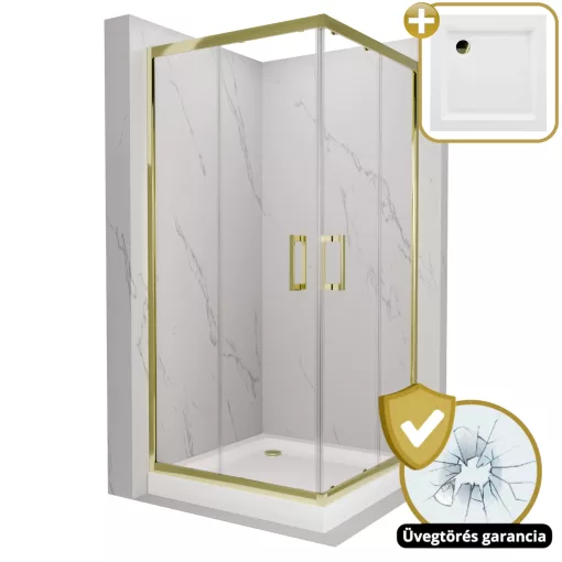 HD Elio Gold 70x70 szögletes két tolóajtós zuhanykabin fehér magas zuhanytálcával és arany szifonnal, arany elemekkel, 190 cm magas