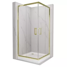 HD Elio Gold 70x70 szögletes két tolóajtós zuhanykabin fehér magas zuhanytálcával és arany szifonnal, arany elemekkel, 190 cm magas