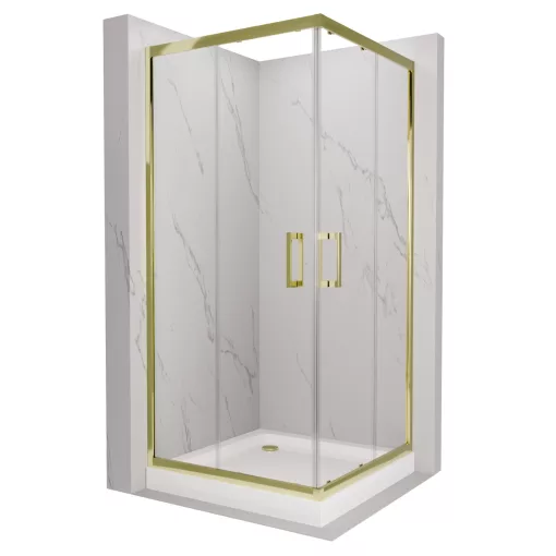 HD Elio Gold 70x70 szögletes két tolóajtós zuhanykabin fehér magas zuhanytálcával és arany szifonnal, arany elemekkel, 190 cm magas