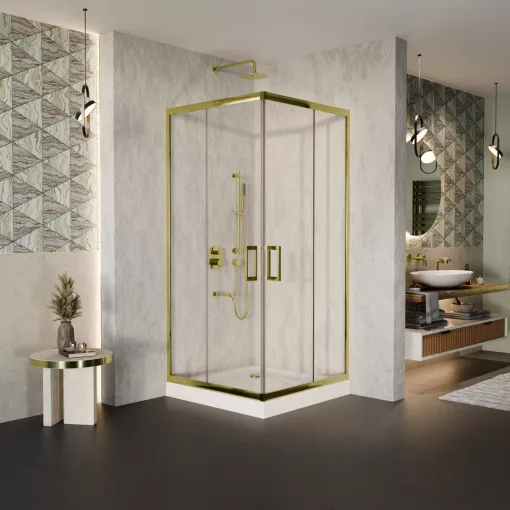 HD Elio Gold 70x70 szögletes két tolóajtós zuhanykabin fehér magas zuhanytálcával és arany szifonnal, arany elemekkel, 190 cm magas