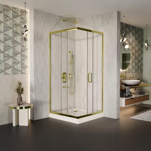 HD Elio Gold 70x70 szögletes két tolóajtós zuhanykabin fehér magas zuhanytálcával és arany szifonnal, arany elemekkel, 190 cm magas