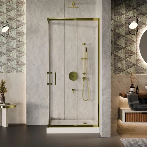 HD Elio Gold 70x70 szögletes két tolóajtós zuhanykabin fehér magas zuhanytálcával és arany szifonnal, arany elemekkel, 190 cm magas