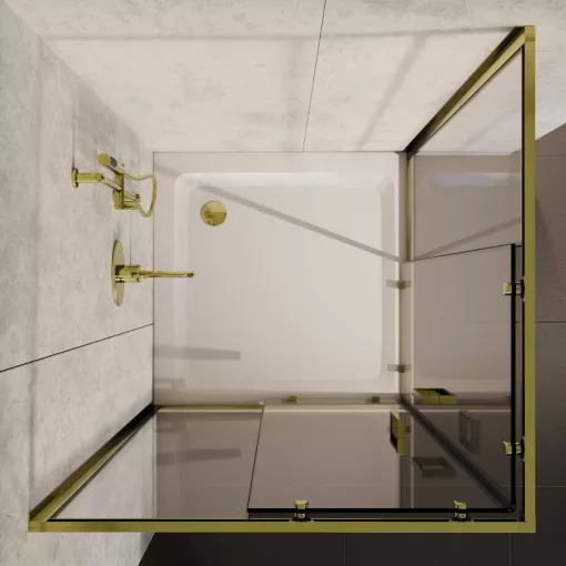 HD Elio Gold 70x70 szögletes két tolóajtós zuhanykabin fehér magas zuhanytálcával és arany szifonnal, arany elemekkel, 190 cm magas