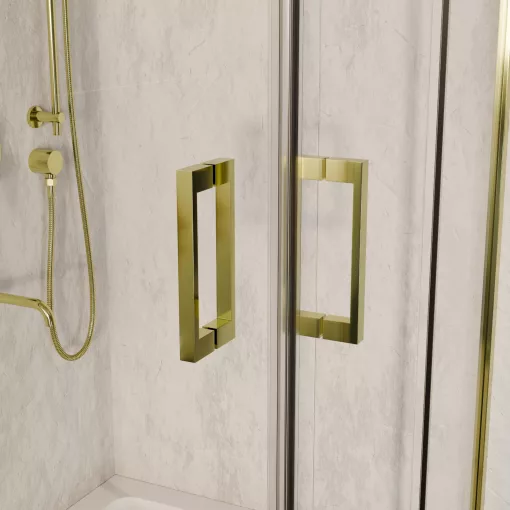 HD Elio Gold 70x70 szögletes két tolóajtós zuhanykabin fehér magas zuhanytálcával és arany szifonnal, arany elemekkel, 190 cm magas